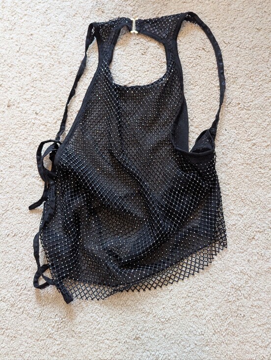 Oh Polly Tops - Oh Polly Black Mesh Crop Top with Rhinestones